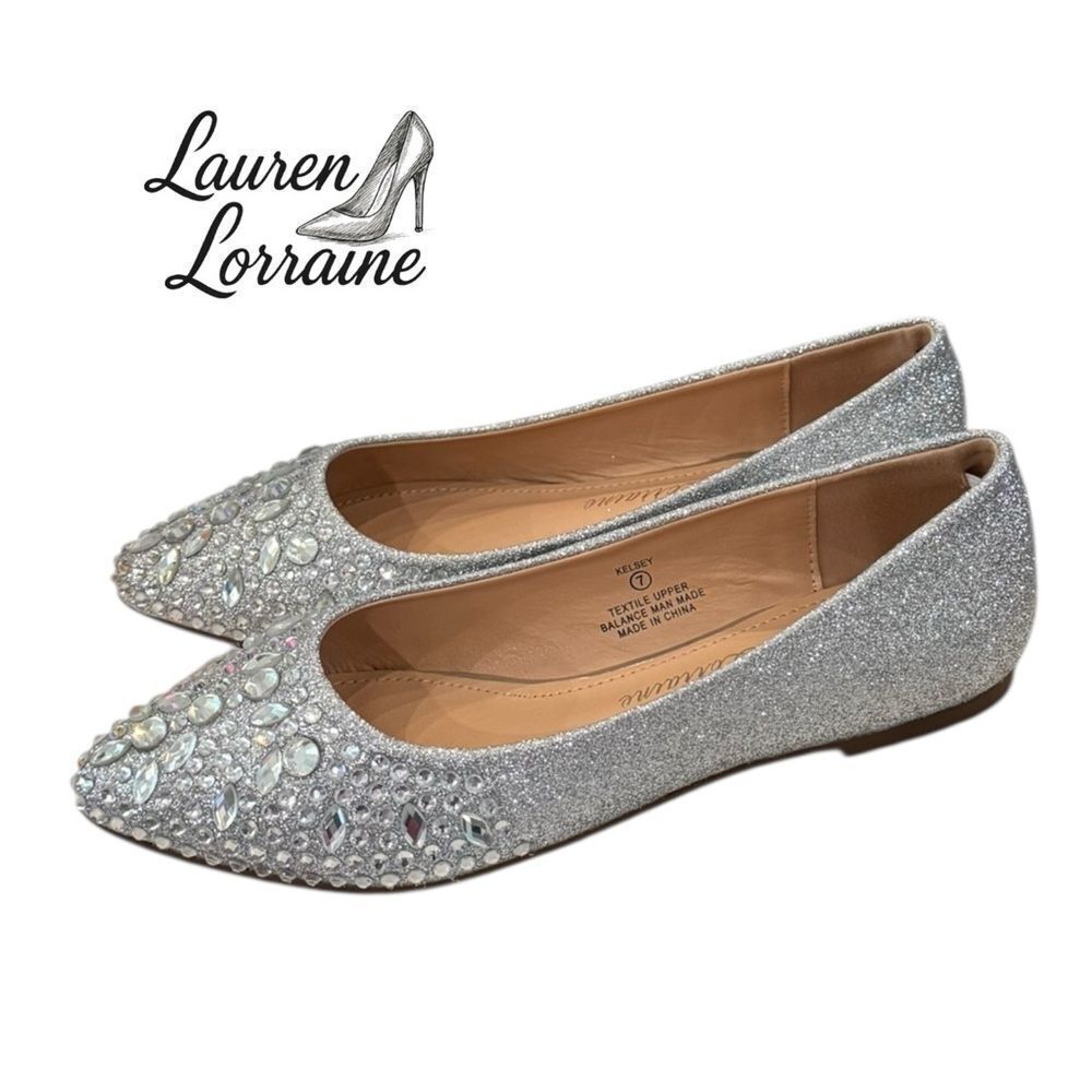 New Lauren Lorraine Women’s Kelsey Sparkling Silver Slip-on Flats 7